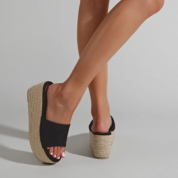 Espadrille Sole Suedette Wedge Slide Sandals in Black / Tan Size 7.5 US - Picture 4 of 5